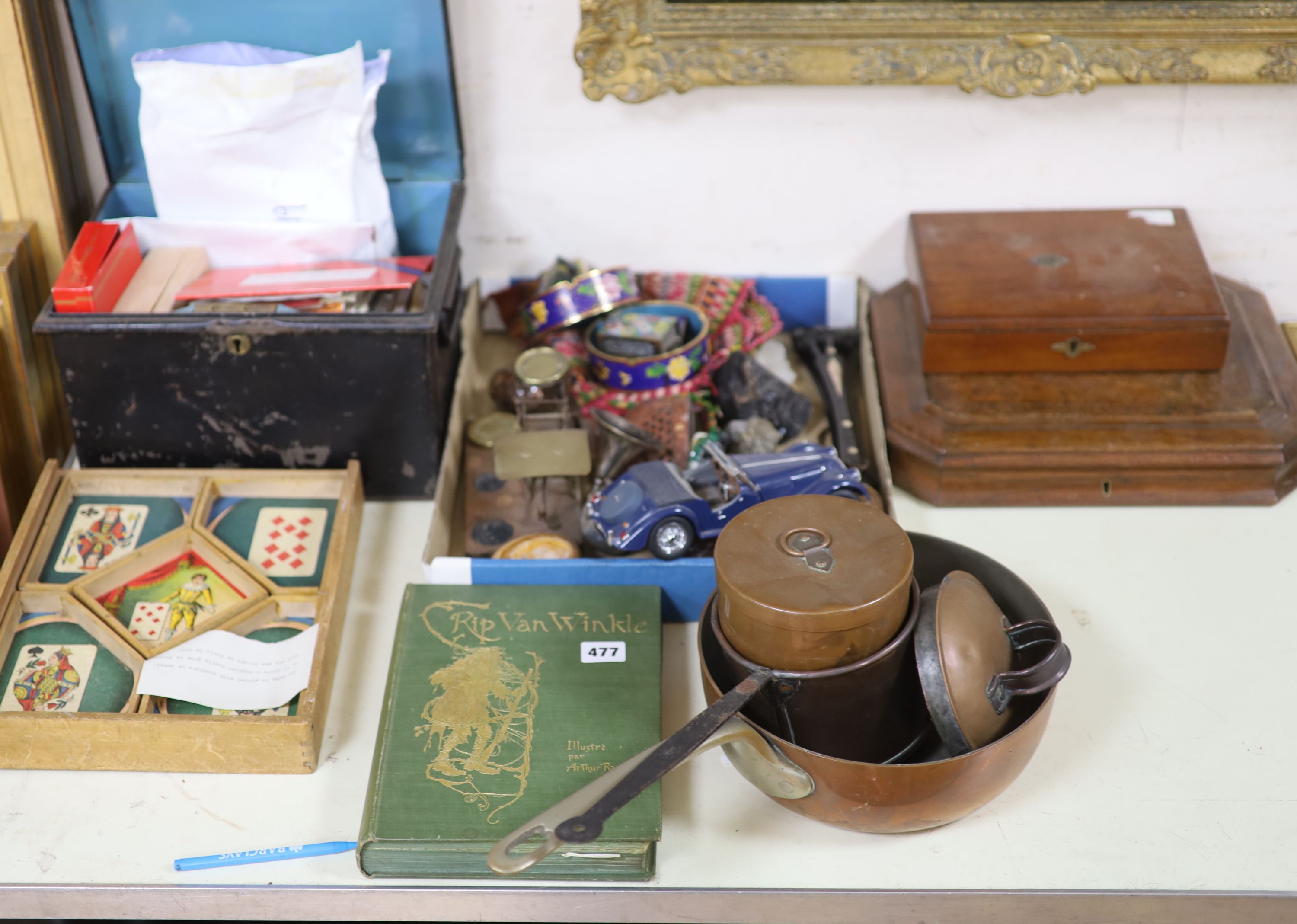 A quantity of mixed collectables to include paper wine labels, toy cars, cloisonne, a book, copper pans etc.